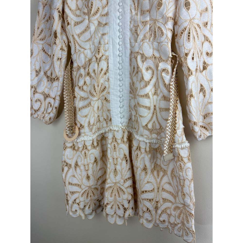 Mulla Embroidery Floral Lace Mock Neck Long Sleeve Mini Dress Ivory Belted Small - Picture 6 of 14